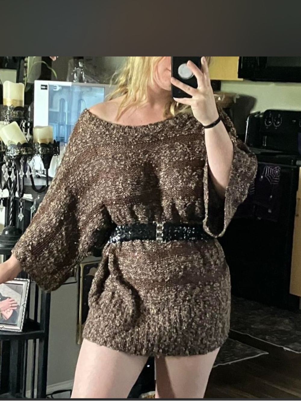BCBGMaxAzria Brown Marled Off-the-Shoulder Chunky Knit Sweater